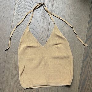 Los Angeles Apparel Viscose Nylon Cropped V-Neck Halter Top in tan (medium)